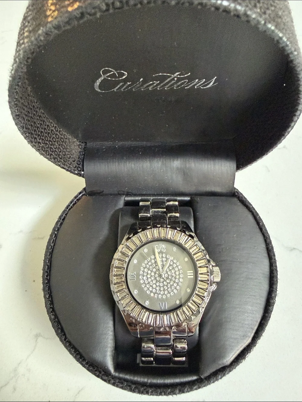 Curations by Stefani Greenfield  Pavé Crystal Watch in Gunmetal w/Baguette Bezel